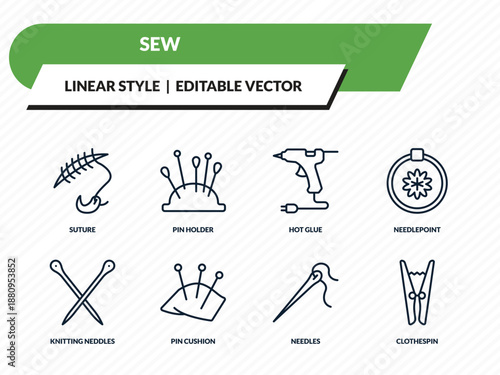 sew icons set - suture, pin holder, hot glue, needles, clothespin outline vector collection.