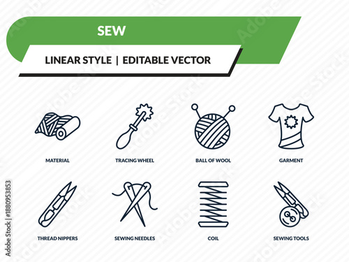 sew icons set - material, tracing wheel, ball of wool, coil, sewing tools outline vector collection.