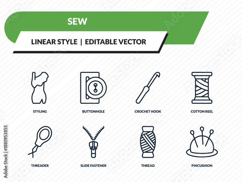 sew icons set - styling, buttonhole, crochet hook, thread, pincushion outline vector collection.