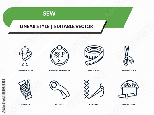 sew icons set - sewing craft, embroidery hoop, measuring, stiching, sewing box outline vector collection.