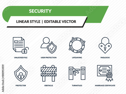 security icons set - unlocked file, user protection, lifesaving, turnstiles, marriage certificate outline vector collection.