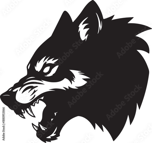 Aggressive wolf head illustration with sharp teeth and menacing expression