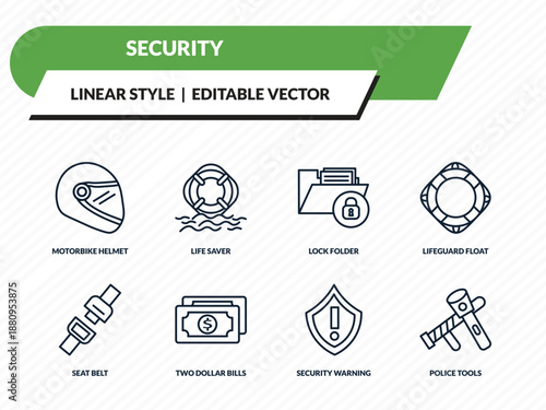 security icons set - motorbike helmet, life saver, lock folder, security warning, police tools outline vector collection.