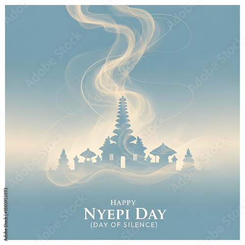 Happy Nyepi Day (Day of Silence) with Balinese Temple silhouette surrounded by ethereal smoke art