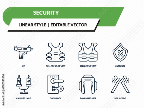 security icons set - uzi, bullet proof vest, reflective vest, boxing helmet, barricade outline vector collection.