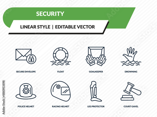 security icons set - secure envelope, float, goalkeeper, leg protector, court gavel outline vector collection.