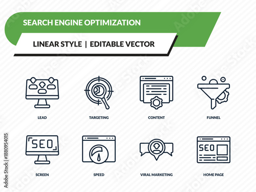search engine optimization icons set - lead, targeting, content, viral marketing, home page outline vector collection.