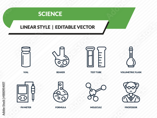 science icons set - vial, beaker, test tube, molecule, professor outline vector collection.