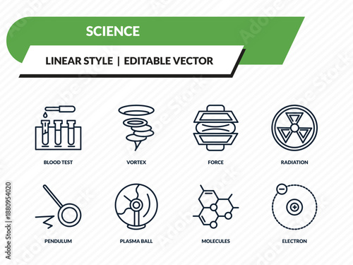 science icons set - blood test, vortex, force, molecules, electron outline vector collection.