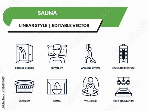 sauna icons set - dousing shower, private spa, warming-up time, well-being, light stimulation outline vector collection.