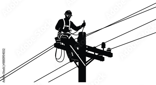 A lineman skillfully repairs high voltage electrical lines atop a utility pole showcasing crucial infrastructure maintenance work silhouette high quality professional