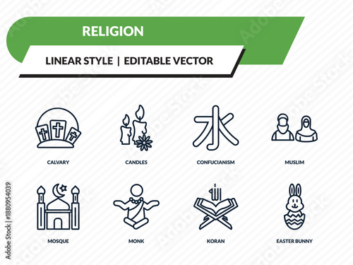 religion icons set - calvary, candles, confucianism, koran, easter bunny outline vector collection.