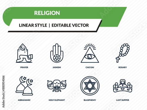 religion icons set - prayer, jainism, cao dai, blasphemy, last supper outline vector collection.