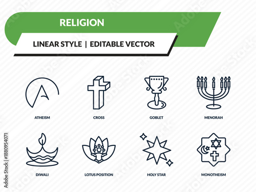 religion icons set - atheism, cross, goblet, holy star, monotheism outline vector collection.