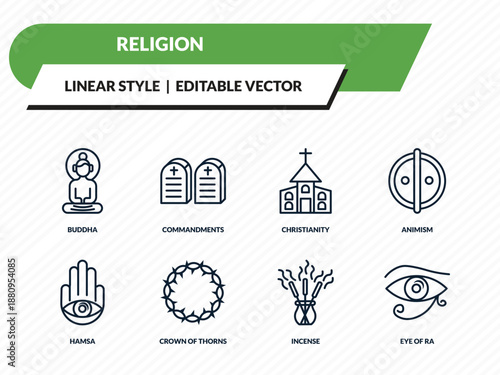 religion icons set - buddha, commandments, christianity, incense, eye of ra outline vector collection.