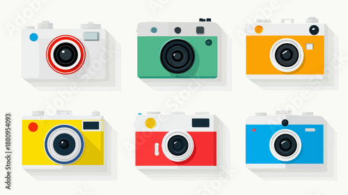 Set of colorful retro flat design camera illustrations with long shadows. Vintage compact photo cameras collection on white background.