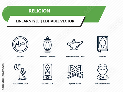 religion icons set - haram, arabian lantern, arabian magic lamp, quran rehal, buddhist monk outline vector collection.