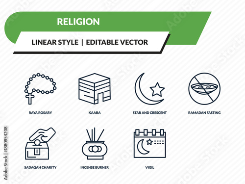 religion icons set - raya rosary, kaaba, star and crescent moon, vigil, ramadan month outline vector collection.
