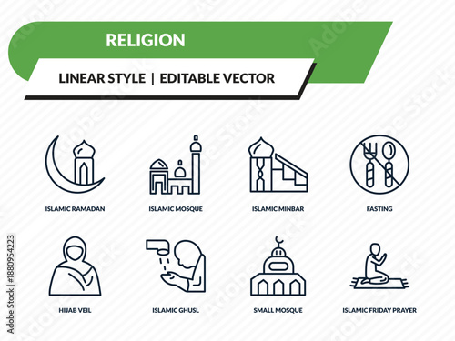 religion icons set - islamic ramadan, islamic mosque, islamic minbar, small mosque, friday prayer outline vector collection.