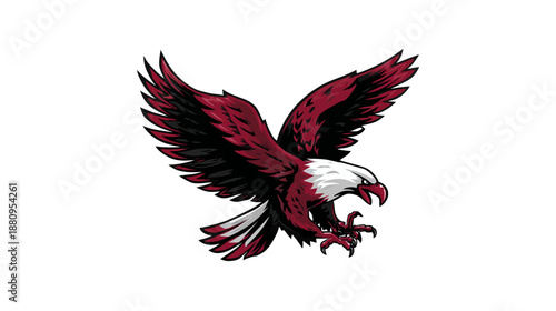 Powerful flying eagle illustration with maroon and black feathers, wings spread and talons ready, majestic bird of prey vector graphic.