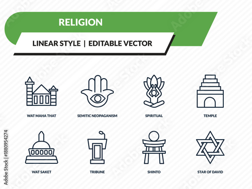 religion icons set - wat maha that, semitic neopaganism, spiritual, shinto, star of david outline vector collection.