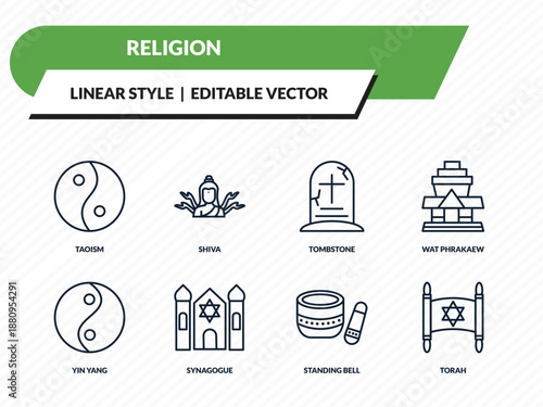 religion icons set - taoism, shiva, tombstone, standing bell, torah outline vector collection.