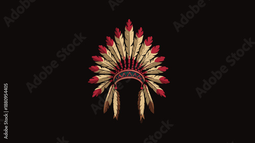 Ornate traditional feathered headdress with red and tan plumes on a dark background. Cultural symbol, indigenous heritage.