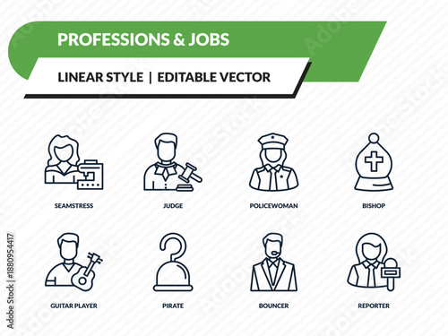 professions & jobs icons set - seamstress, judge, policewoman, bouncer, reporter outline vector collection.