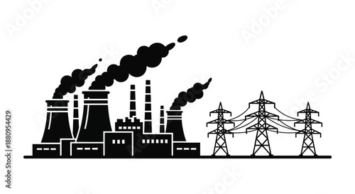 an industrial complex emitting dark smoke and featuring power lines rendered as a striking black and white silhouette high quality professional