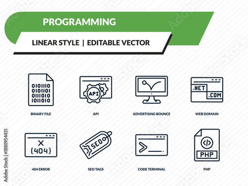 programming icons set - binary file, api, advertising bounce, code terminal, php outline vector collection.