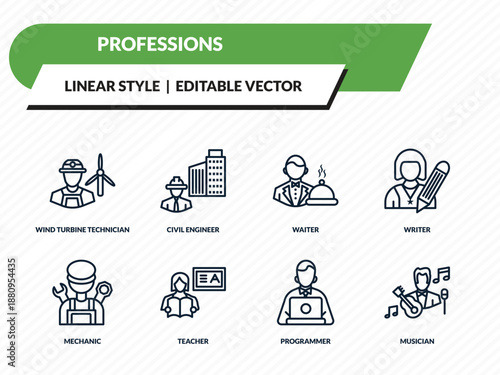professions icons set - wind turbine technician, civil engineer, waiter, programmer, musician outline vector collection.