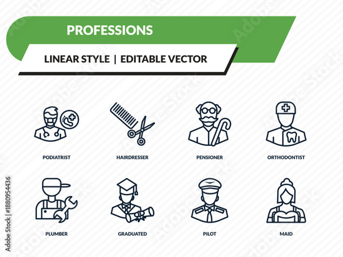 professions icons set - podiatrist, hairdresser, pensioner, pilot, maid outline vector collection.