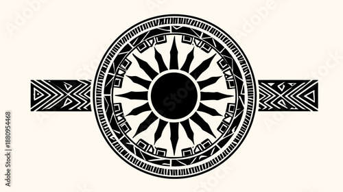 Intricate tribal sun symbol with ethnic geometric patterns. Ancient cultural decorative design for backgrounds or graphic elements.