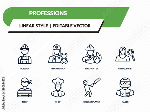 professions icons set - builder, pediatrician, firefighter, cricket player, racer outline vector collection.