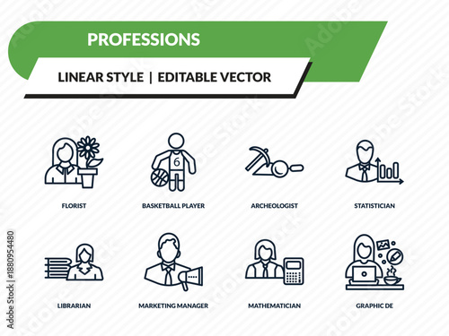 professions icons set - florist, basketball player, archeologist, mathematician, graphic de outline vector collection.