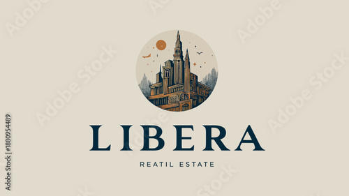 Elegant vintage real estate logo with classic architecture, majestic building, and mountain landscape within a circular emblem design