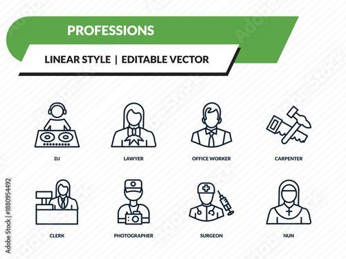 professions icons set - dj, lawyer, office worker, surgeon, nun outline vector collection.