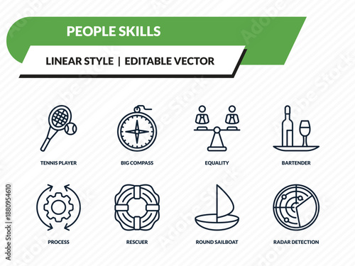 people skills icons set - tennis player, big compass, equality, round sailboat, radar detection outline vector collection.