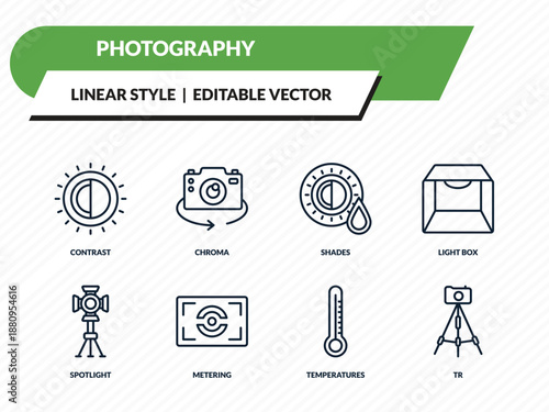 photography icons set - contrast, chroma, shades, temperatures, tr outline vector collection.