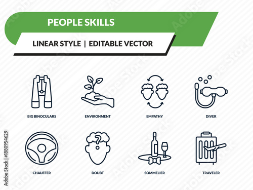 people skills icons set - big binoculars, environment, empathy, sommelier, traveler outline vector collection.