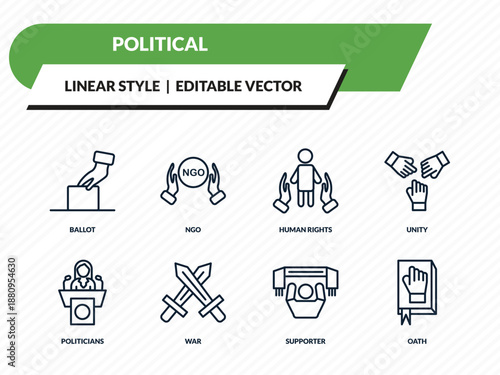 political icons set - ballot, ngo, human rights, supporter, oath outline vector collection.