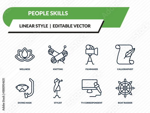 people skills icons set - wellness, knitting, filmmaker, tv correspondent, boat rudder outline vector collection.