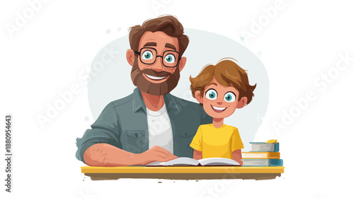 Happy smiling father and son reading book together, embracing family learning, education, and childhood development illustration.