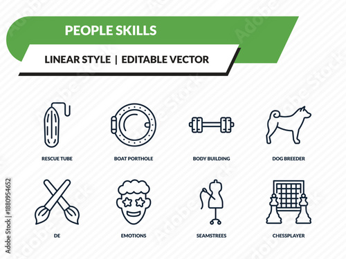 people skills icons set - rescue tube, boat porthole, body building, seamstrees, chessplayer outline vector collection.