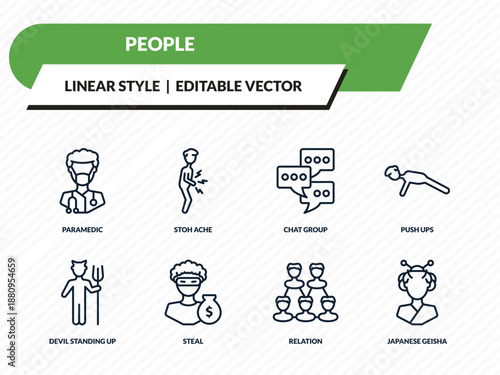 people icons set - paramedic, stoh ache, chat group, relation, japanese geisha outline vector collection.