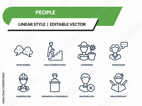 people icons set - speak bubble, man climbing stairs, garderner, bad employee, ninja portrait outline vector collection.