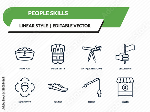 people skills icons set - navy hat, safety vesty, antique telescope, fisher, seller outline vector collection.