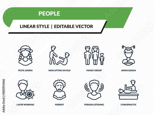 people icons set - festa junina, man lifting an old man, family group, person listening, chiropractic outline vector collection.