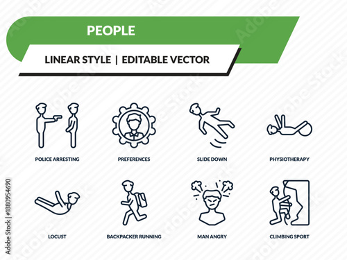 people icons set - police arresting man, preferences, slide down, man angry, climbing sport outline vector collection.