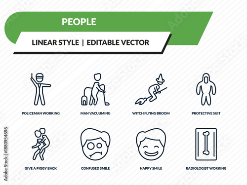 people icons set - policeman working, man vacuuming, witch flying broom, happy smile, radiologist working outline vector collection.